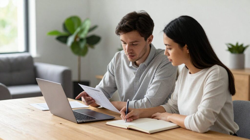 Una pareja joven analiza documentos financieros y una computadora portátil en una mesa de madera, trabajando de forma colaborativa en un entorno doméstico luminoso.