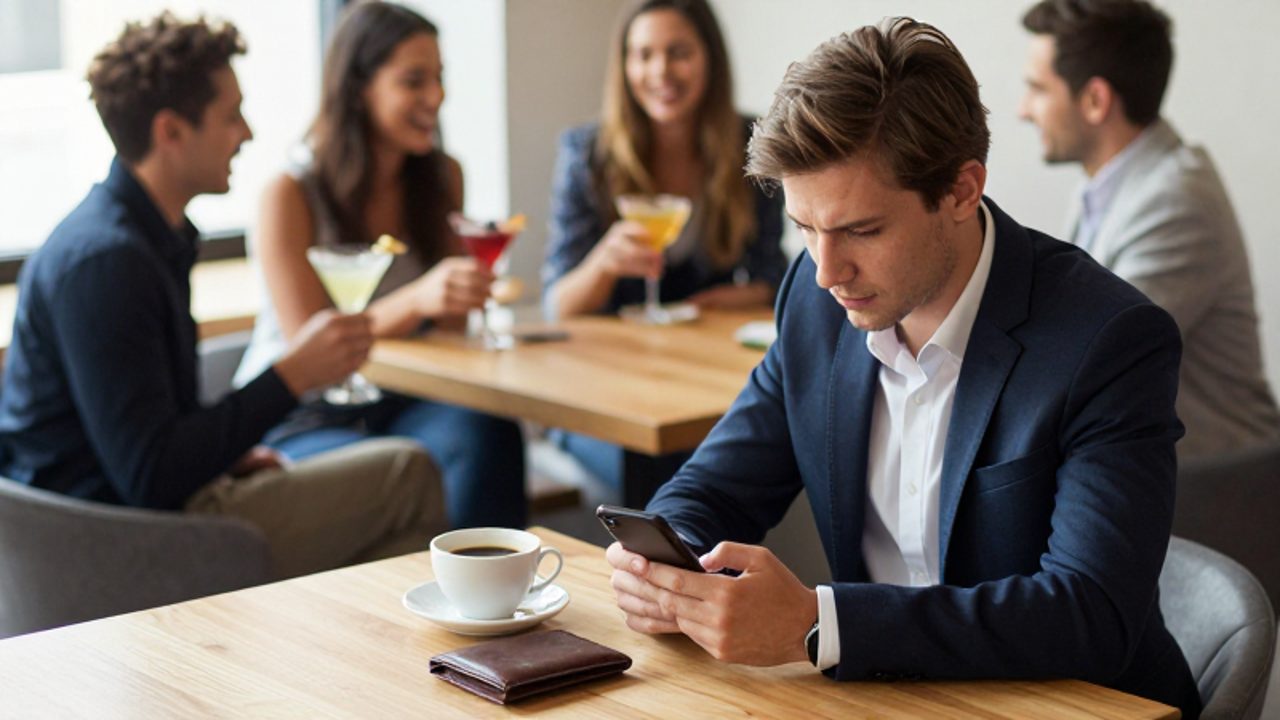 Un joven sentado en una cafetería mira con reflexión su teléfono frente a un café solo, mientras un grupo de amigos con cócteles aparece desenfocado al fondo.