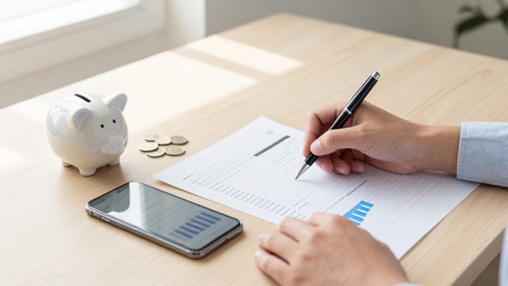 Manos de una persona revisando un presupuesto en papel y un gráfico financiero en un smartphone sobre un escritorio despejado.