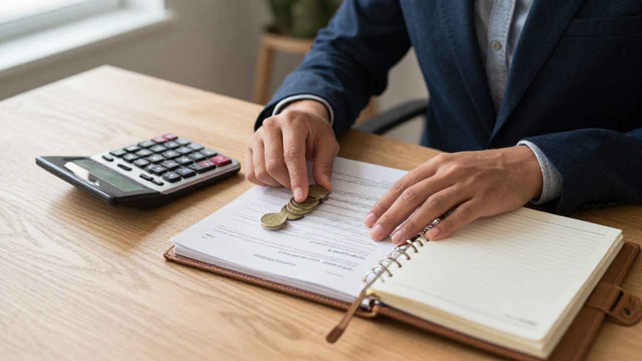 Manos organizando documentos financieros, una calculadora y monedas sobre un escritorio para planificar el pago de deudas.