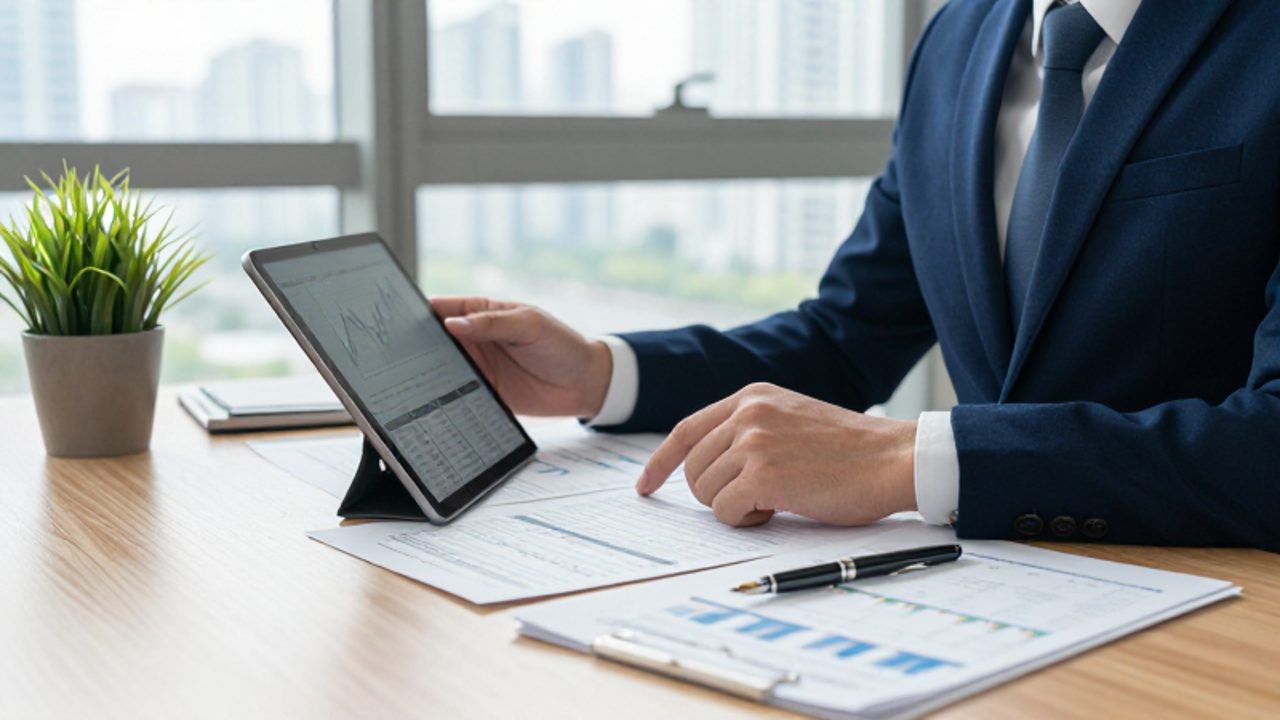 Analista financiero revisando reportes impresos y gráficos de tendencias del mercado de bonos en una tableta sobre un escritorio de oficina.