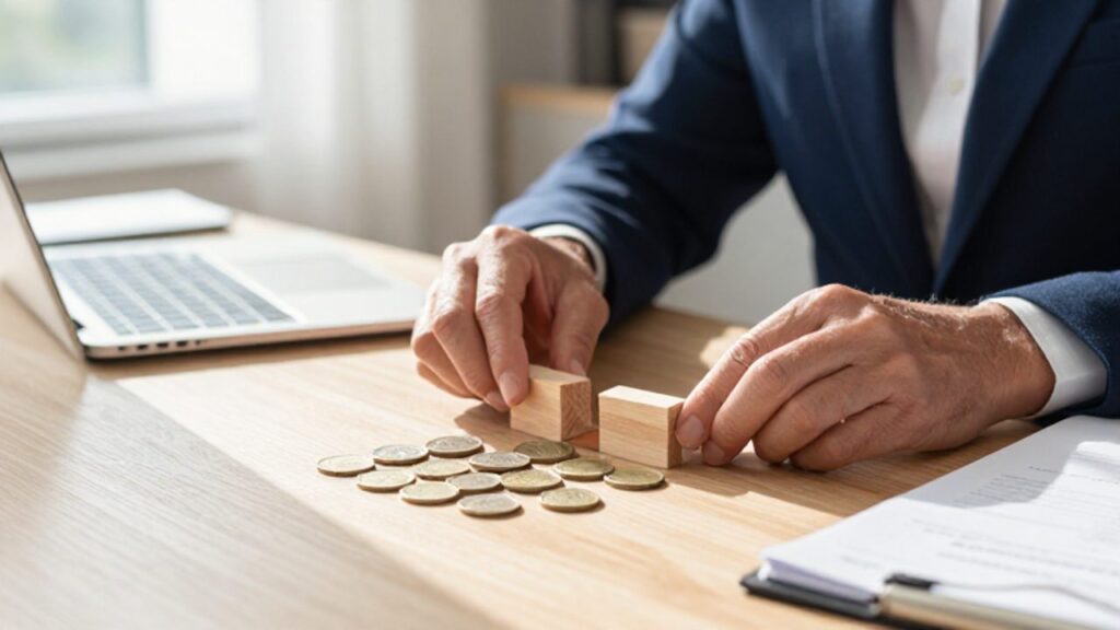 Manos de una persona profesional organizando monedas y bloques de madera sobre un escritorio, simbolizando la planificación y construcción de unos ahorros estables.