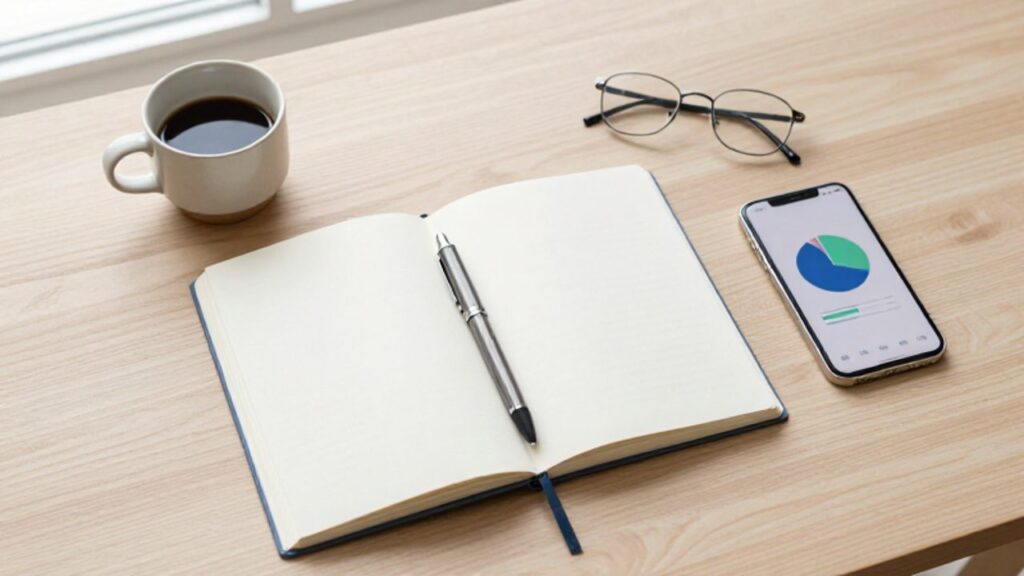 Escritorio organizado con un cuaderno abierto, un bolígrafo y un smartphone que muestra un gráfico de sectores sobre una mesa de madera.