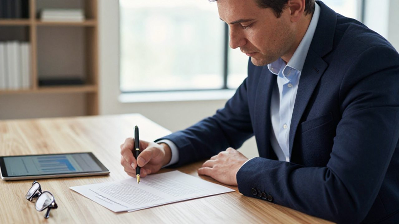 Hombre con traje revisando con atención un contrato de seguro y documentos legales sobre un escritorio de madera.