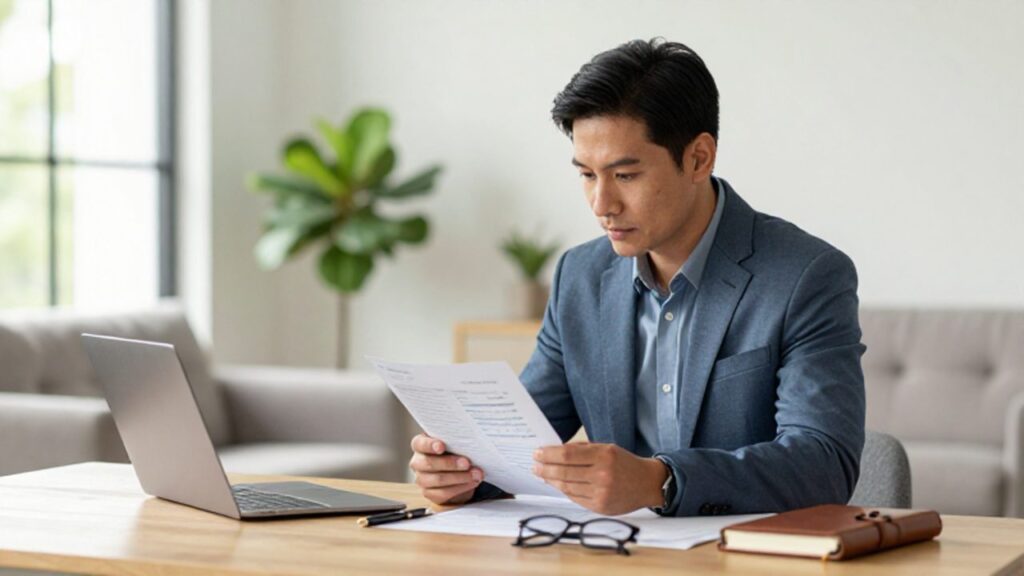 Persona de unos 30 años revisando informes financieros en una tableta y papel dentro de una oficina en casa luminosa y organizada.