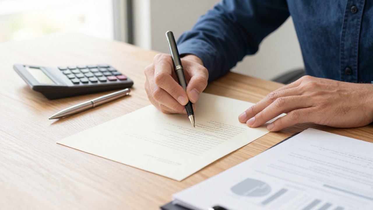 Manos de una persona escribiendo una carta formal con una pluma estilográfica sobre un escritorio con documentos financieros y una calculadora.