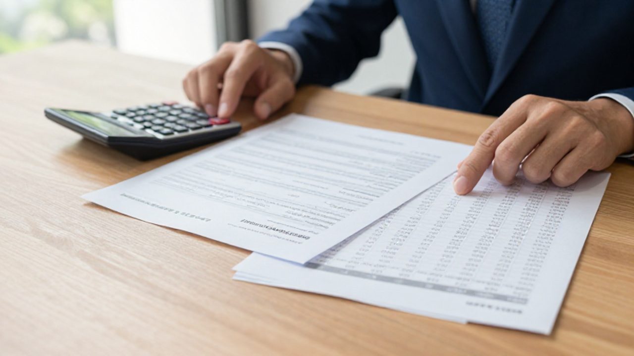 Manos de una persona analizando estados financieros, una calculadora y una lista de presupuesto sobre un escritorio de madera.