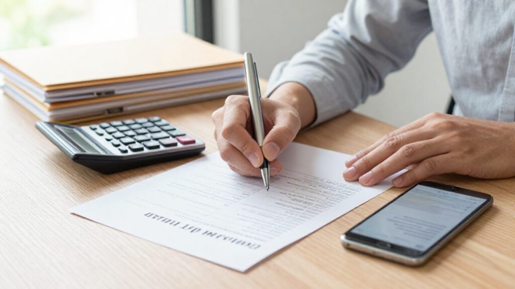 Manos de una persona escribiendo cifras y anotaciones en un papel sobre un escritorio organizado con una calculadora y un teléfono móvil.