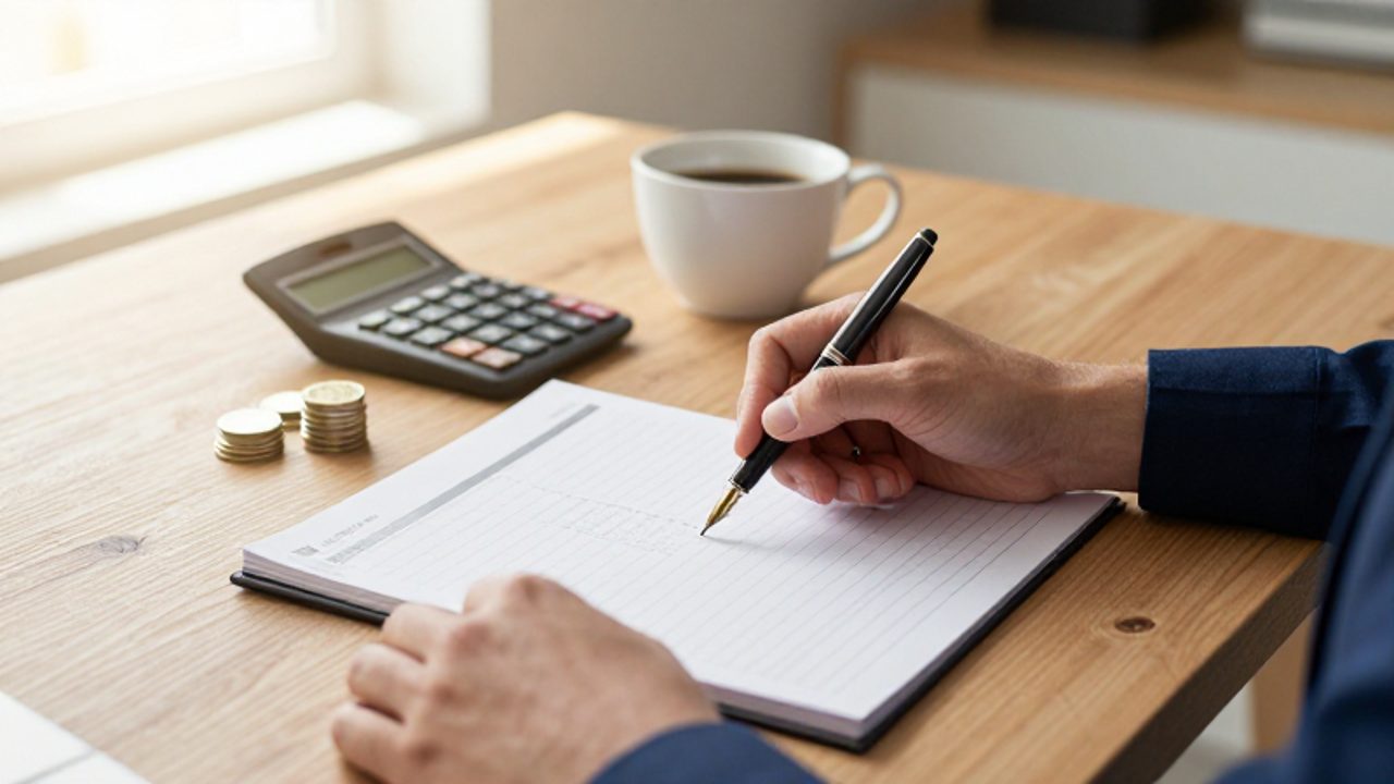 Manos de una persona organizando un plan financiero en un cuaderno con una calculadora y monedas sobre un escritorio de madera.