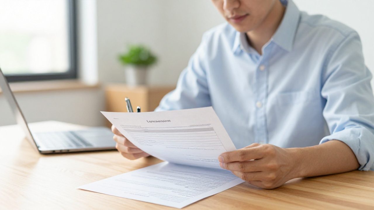 Un joven emprendedor revisa con atención documentos de una solicitud de préstamo en su escritorio de una oficina moderna y luminosa.