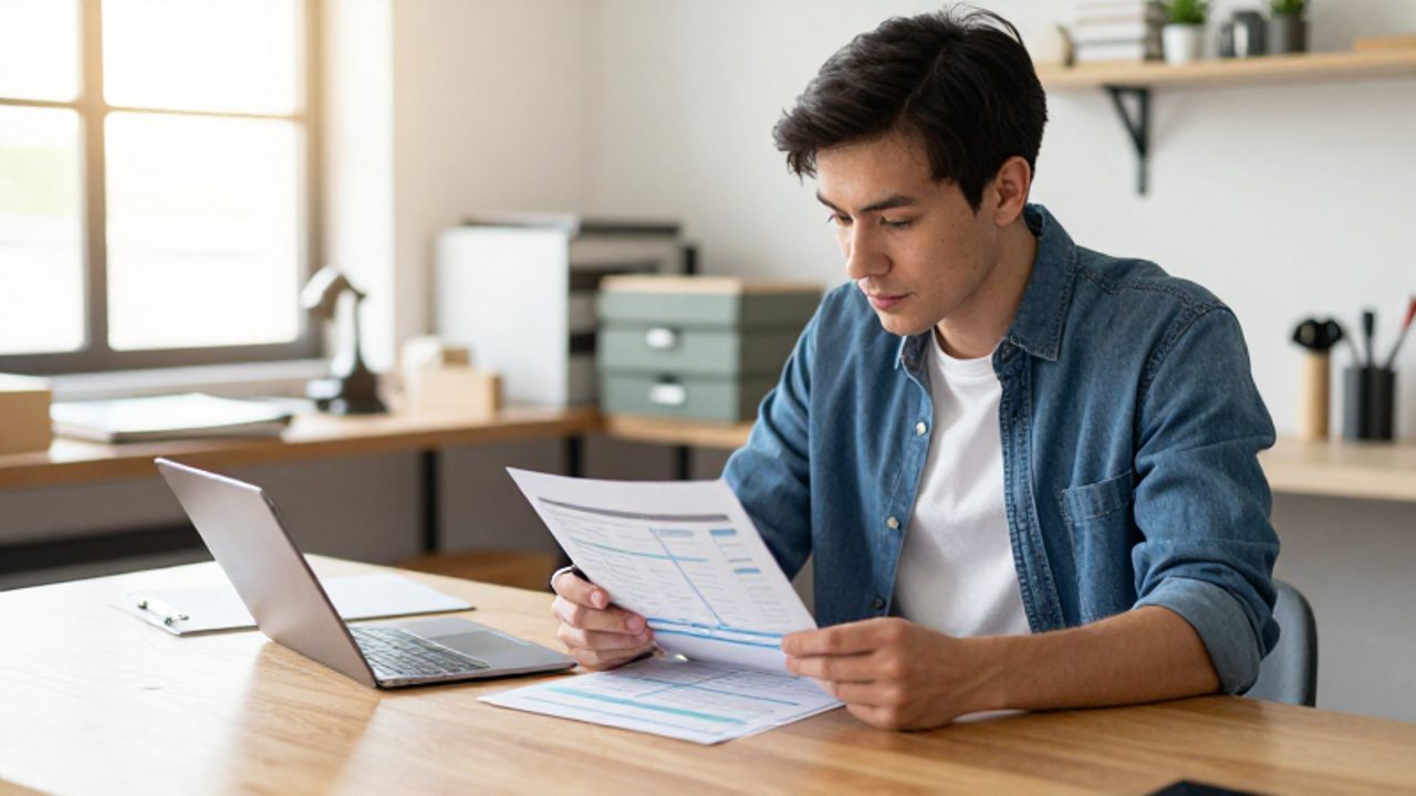 Joven emprendedor sentado en su taller revisando con atención documentos financieros y una tableta sobre un escritorio organizado.
