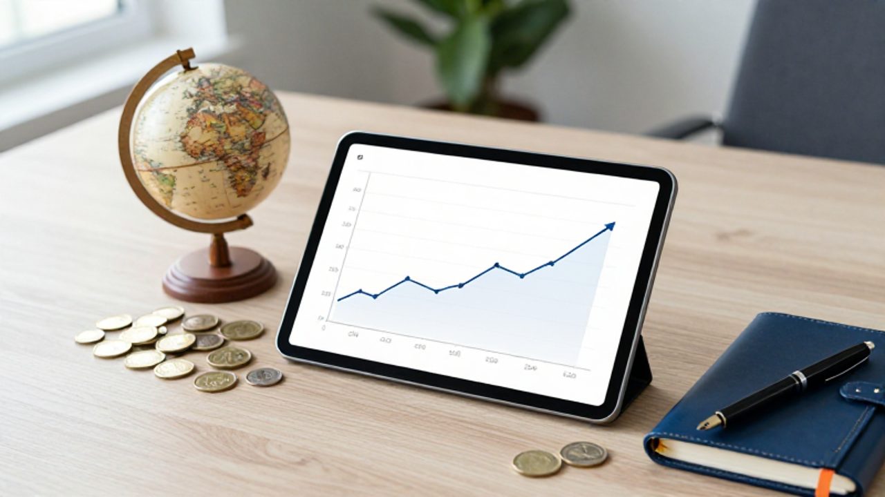 Una tableta muestra un gráfico de crecimiento ascendente sobre un escritorio organizado con monedas, un globo terráqueo y una libreta profesional.