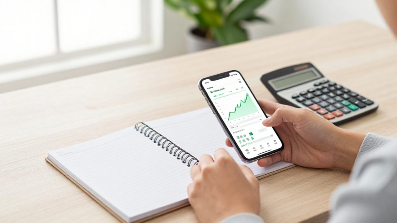 Manos sosteniendo un smartphone con gráficos financieros ascendentes junto a un cuaderno de notas de presupuesto y una calculadora sobre un escritorio de madera.