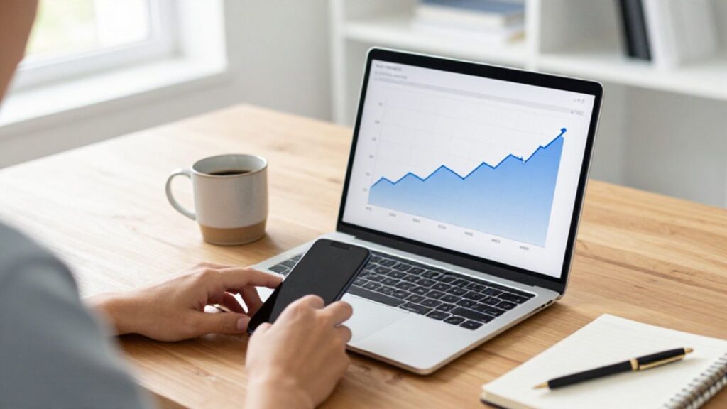 Un escritorio organizado con un ordenador portátil que muestra un gráfico de crecimiento financiero junto a un smartphone y una taza de café.