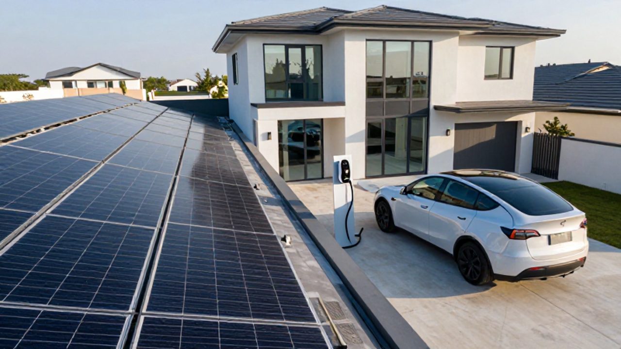 Paneles solares instalados en el tejado de una casa moderna junto a un vehículo eléctrico conectado a un punto de carga en la entrada.