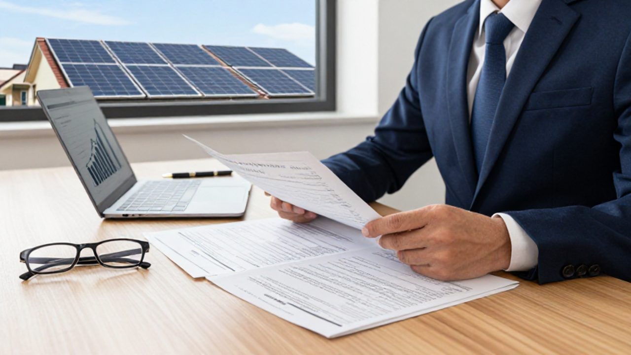 Un asesor financiero revisa documentos y hojas de cálculo en un escritorio, con paneles solares instalados en un tejado visible a través de la ventana.