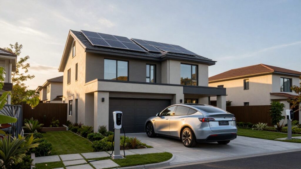 Casa residencial moderna con paneles solares en el tejado y un vehículo eléctrico cargando en la entrada bajo la luz del atardecer.