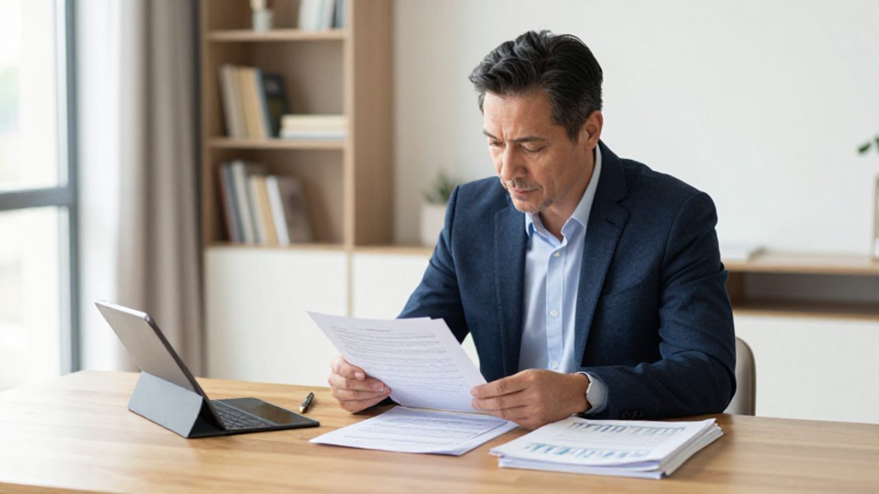 Un hombre revisa con calma documentos financieros y una tableta en un despacho luminoso y moderno.