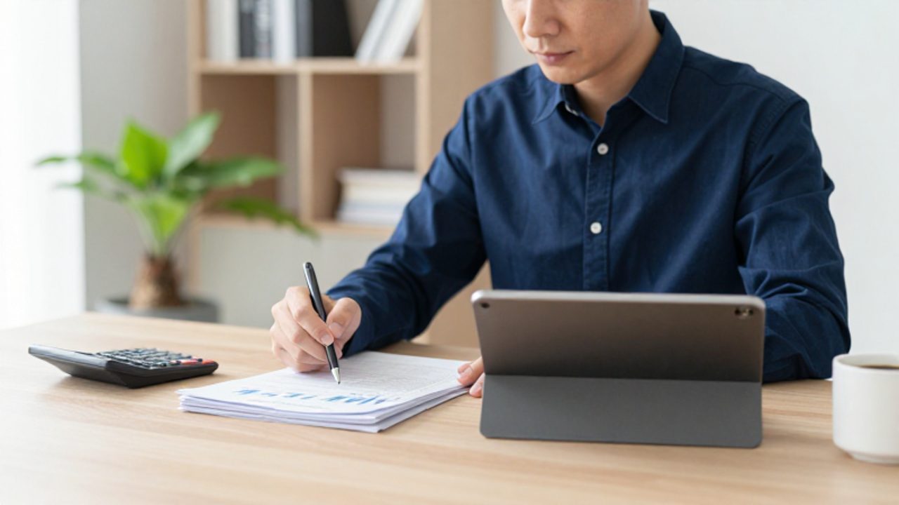 Hombre joven revisa documentos y una tablet en un escritorio organizado para planificar su presupuesto financiero.