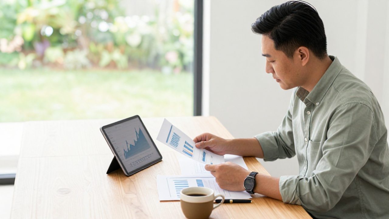 Hombre analizando gráficos financieros impresos y una tableta con tendencias de crecimiento en un escritorio de madera.