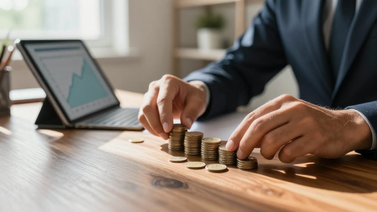 Manos organizando monedas y una tableta con un gráfico ascendente sobre un escritorio de madera en un entorno de oficina iluminado.