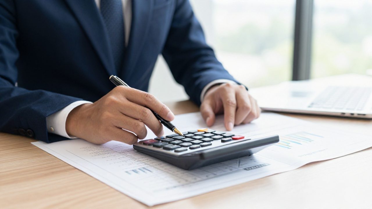Manos analizando documentos financieros y una calculadora sobre un escritorio con un gráfico de crecimiento de fondo.