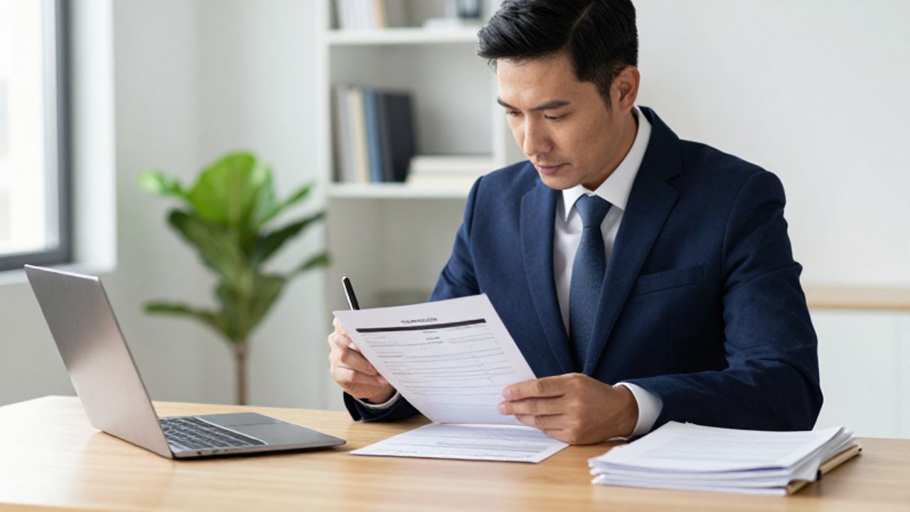Hombre profesional revisando con calma sus informes financieros y documentos de crédito en un escritorio ordenado.