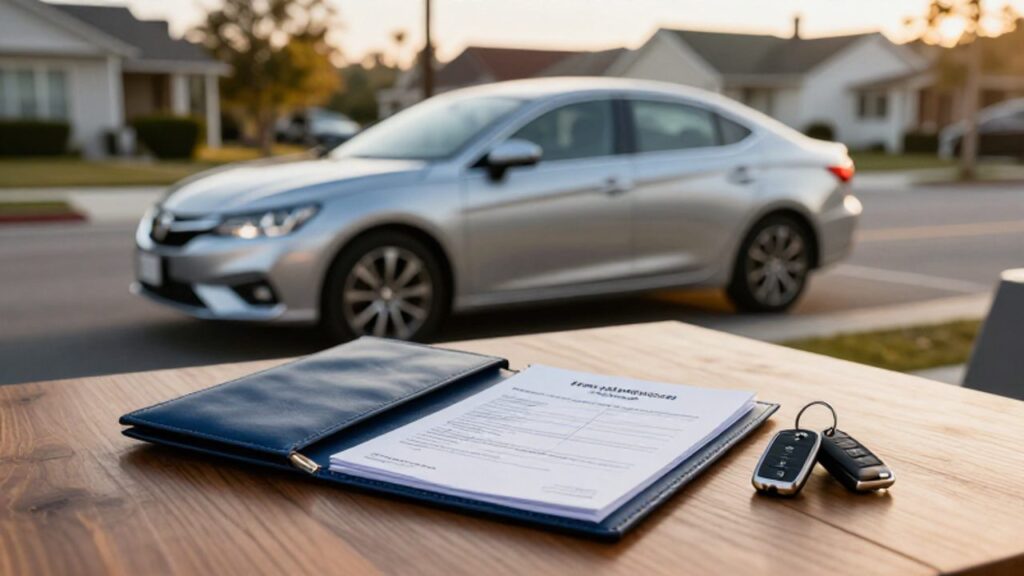 Carpeta con documentos de seguro y llaves de un coche estacionado en una calle residencial durante el atardecer.