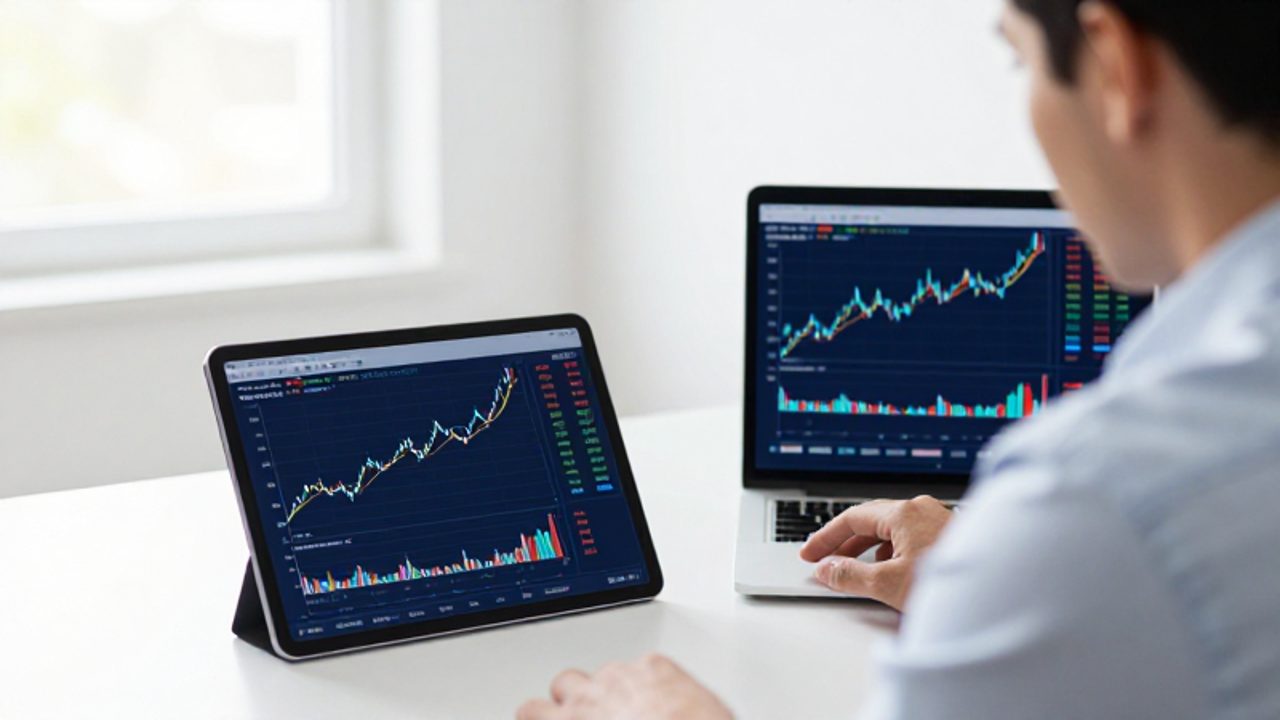Un inversor analiza en su portátil y tableta los gráficos comparativos de rendimiento de un ETF frente a un índice de referencia.