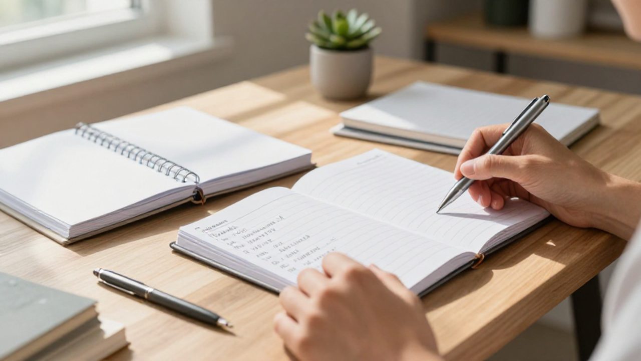 Manos organizando una lista de tareas y planificadores en un escritorio para priorizar objetivos financieros.
