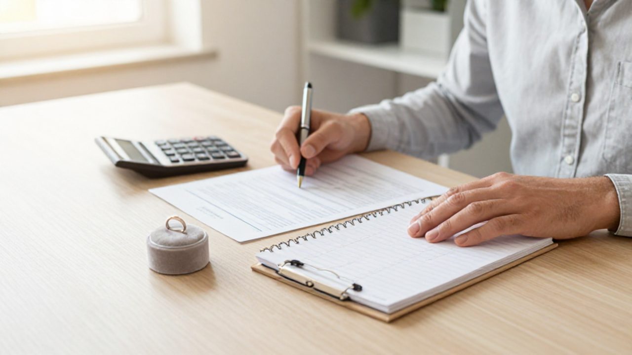 Manos de una pareja revisando documentos financieros y un cuaderno de ahorros junto a un anillo de bodas sobre una mesa de madera.