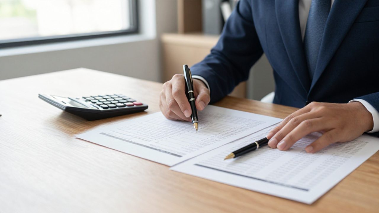 Manos de un inversor revisando informes de distribución de dividendos y estados financieros sobre un escritorio.