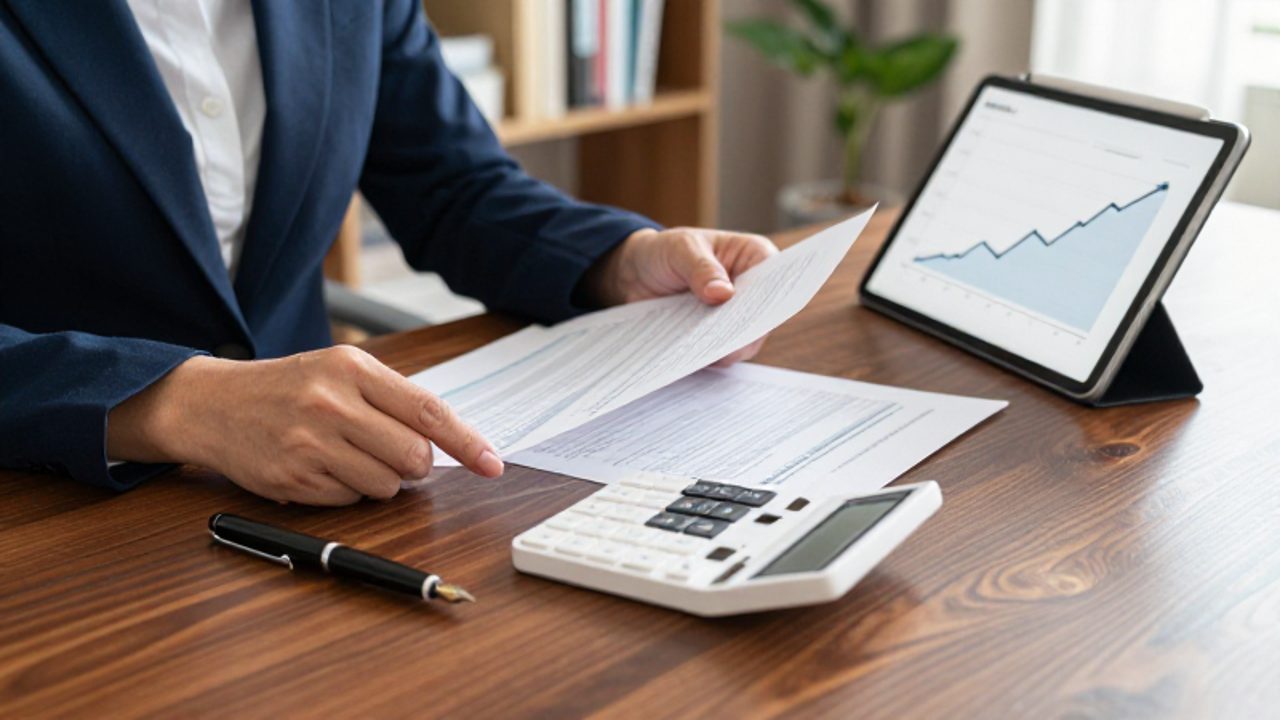 Manos organizando documentos financieros junto a una calculadora y una tableta con un gráfico de crecimiento ascendente sobre un escritorio de madera.