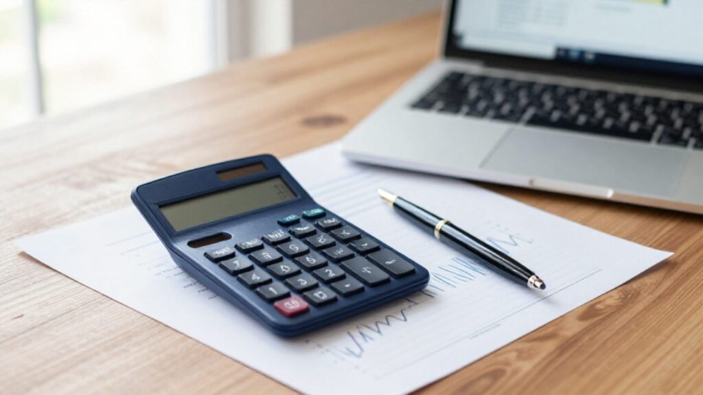 Escritorio de trabajo organizado con una calculadora, bolígrafo y documentos financieros con gráficos de crecimiento ascendente.