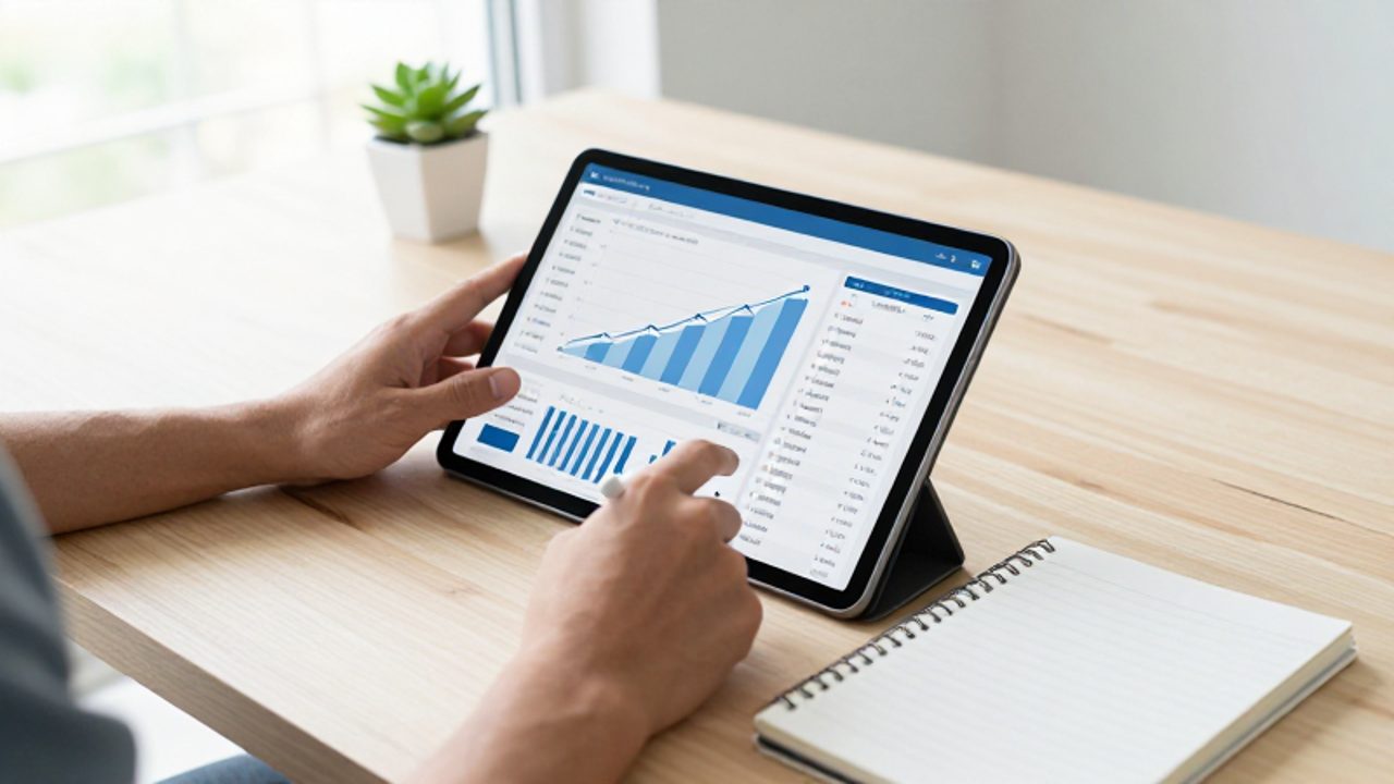 Manos trabajando en un escritorio con una tableta que muestra gráficos de progreso financiero y un cuaderno para la planificación del ahorro.