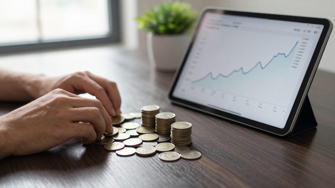 Manos organizando pilas de monedas de oro y plata junto a una tableta que muestra un gráfico de crecimiento financiero en un escritorio.