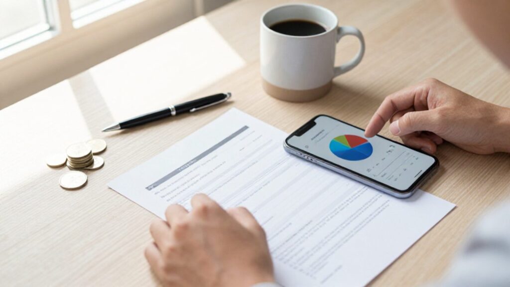 Manos organizando un escritorio con un estado de cuenta impreso y un smartphone que muestra un gráfico de gastos mensuales.