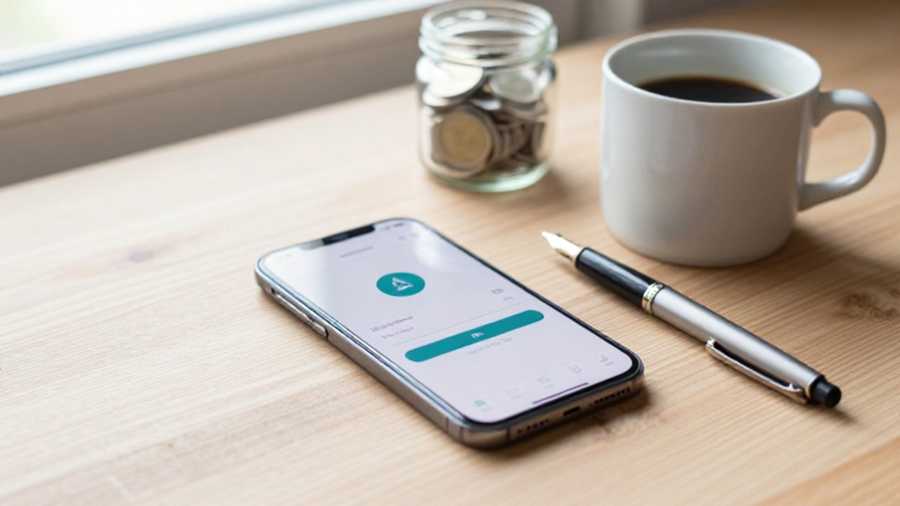 Smartphone sobre un escritorio organizado junto a una taza de café y un frasco con monedas que simboliza el ahorro constante.