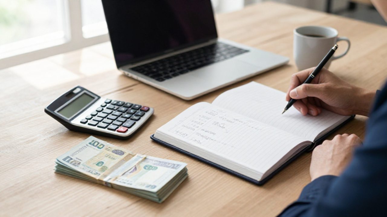 Escritorio organizado con una calculadora, un cuaderno con anotaciones financieras y un pequeño fajo de billetes sobre una mesa de madera.