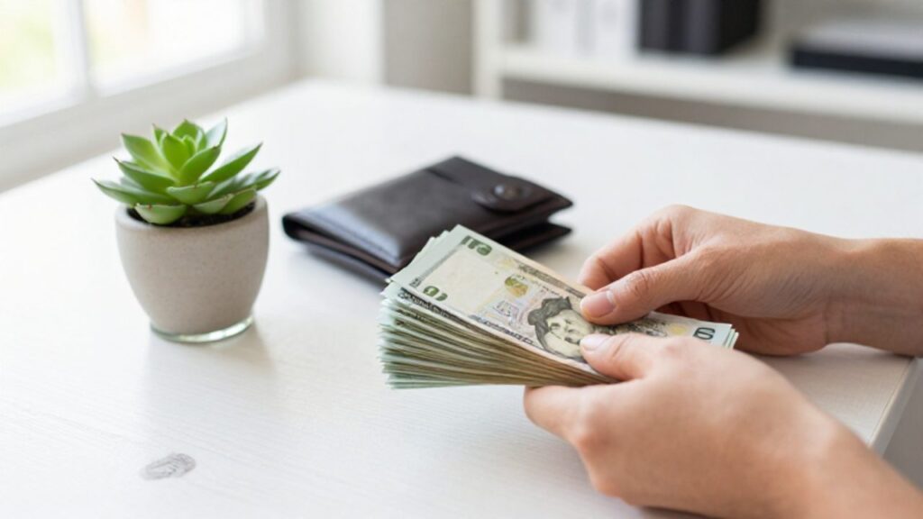Manos organizando un fajo de billetes y una cartera sobre un escritorio ordenado junto a una pequeña planta.