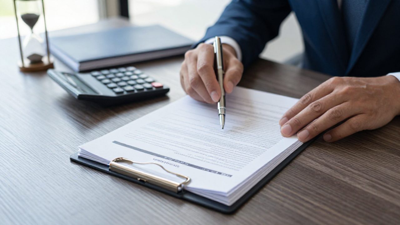 Manos organizando documentos financieros, una calculadora y un bolígrafo sobre un escritorio de madera para una gestión administrativa.