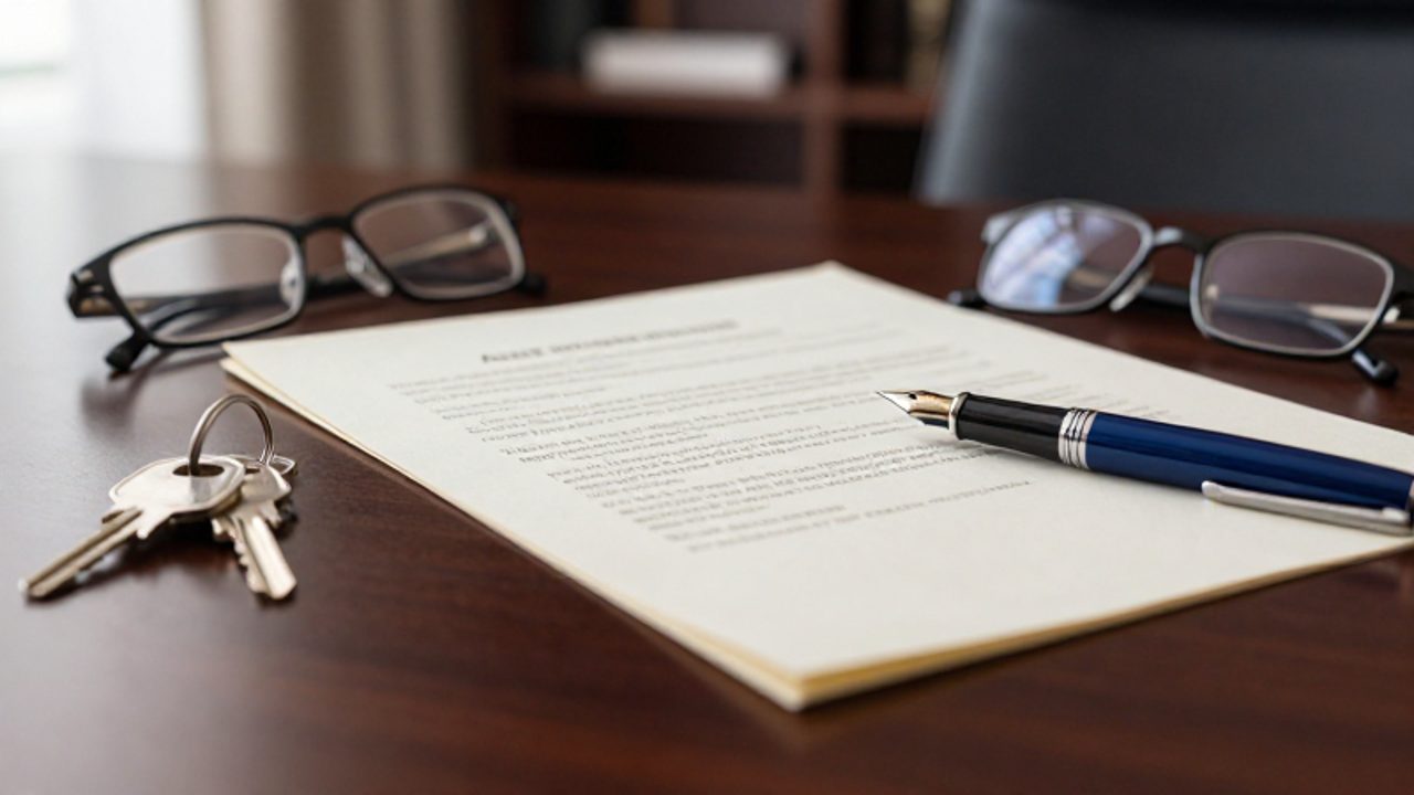 Documentos legales con una pluma, llaves de una casa y gafas sobre un escritorio de madera, simbolizando el proceso de adjudicación de bienes.