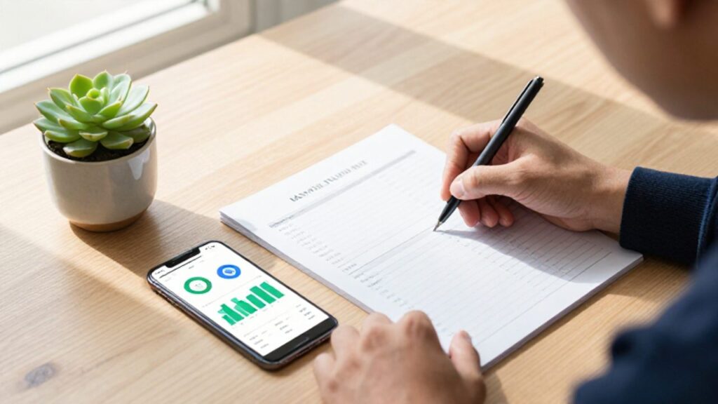 Manos de una persona organizando un presupuesto en un planificador de papel junto a un smartphone con gráficos financieros sobre un escritorio de madera.