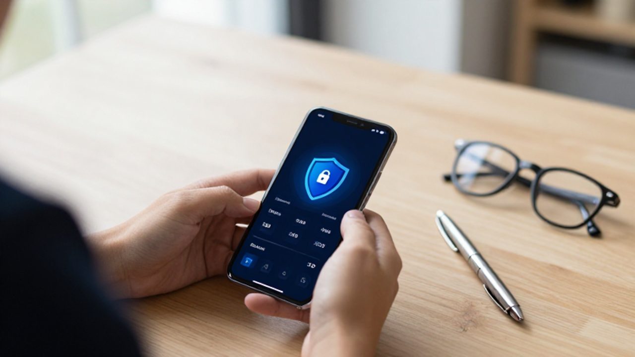 Manos de una persona interactuando con un smartphone que muestra un panel financiero con iconos de seguridad en un escritorio de madera.