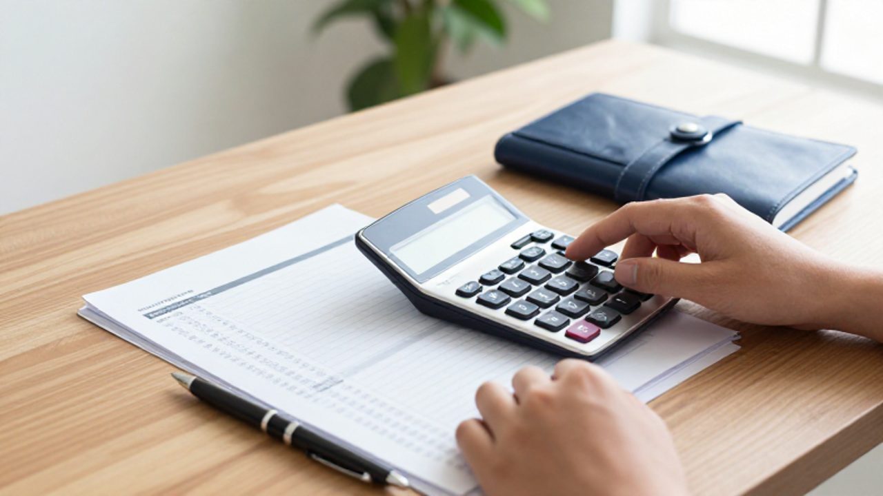 Persona organizando sus gastos mensuales con una calculadora, hojas de presupuesto y una libreta sobre un escritorio de madera.