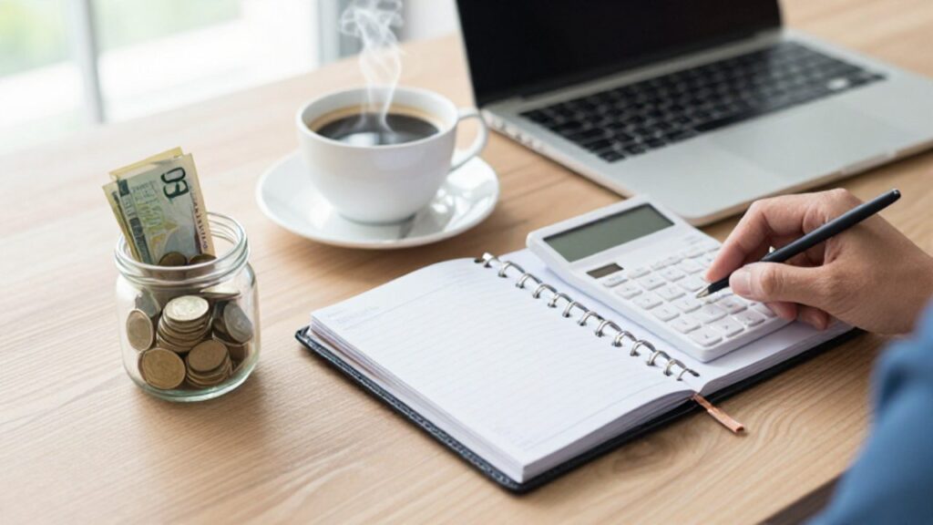 Un frasco de vidrio con monedas y billetes junto a una calculadora y una agenda sobre un escritorio de madera.