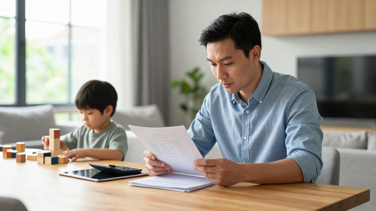 Un padre joven revisa documentos financieros y una calculadora en su mesa de comedor mientras su hijo juega al fondo en un hogar iluminado.