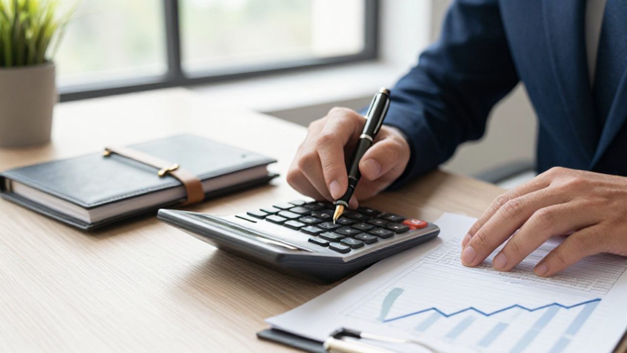 Manos de una persona realizando cálculos financieros con una calculadora, un bolígrafo y un gráfico de ahorros crecientes sobre un escritorio organizado.