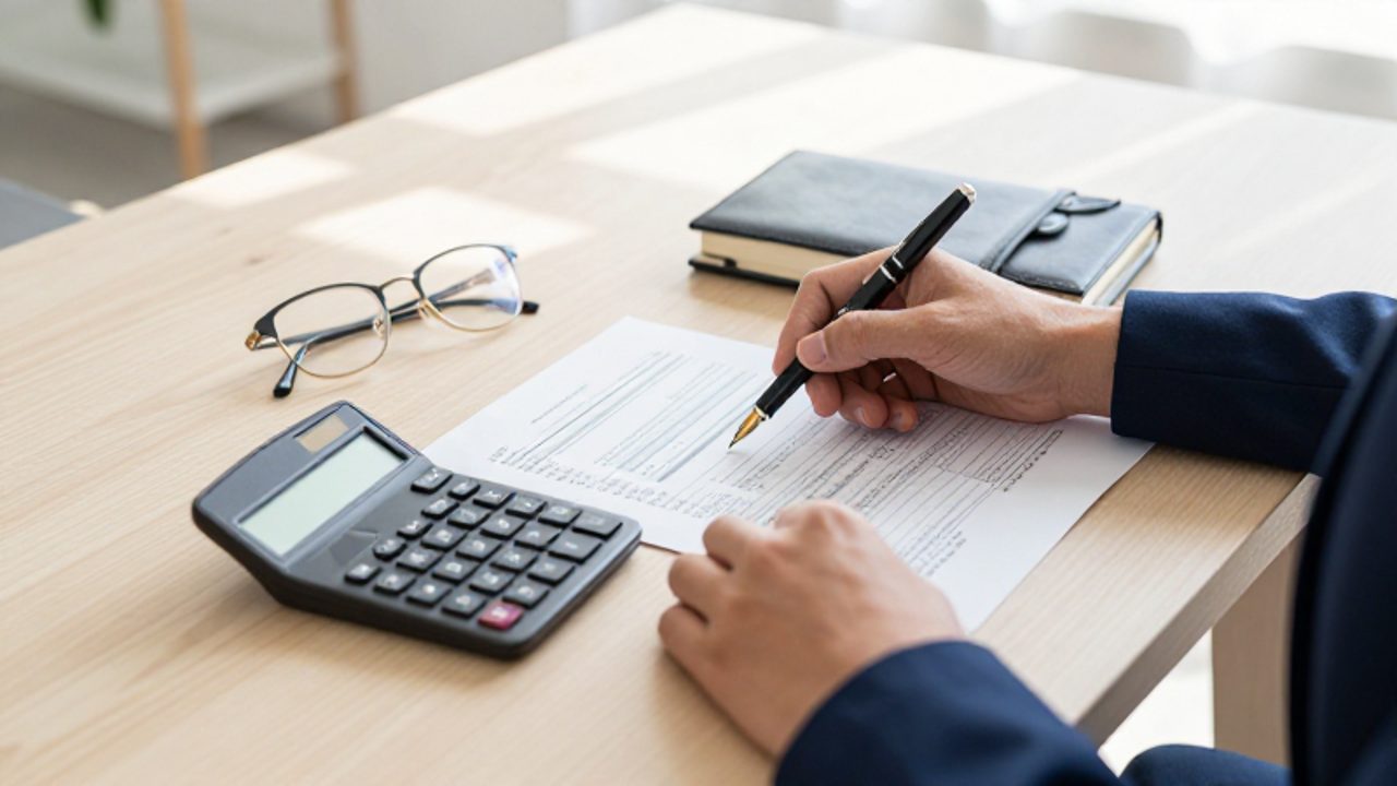 Manos revisando documentos financieros y una calculadora sobre un escritorio de madera en un entorno de oficina luminoso.