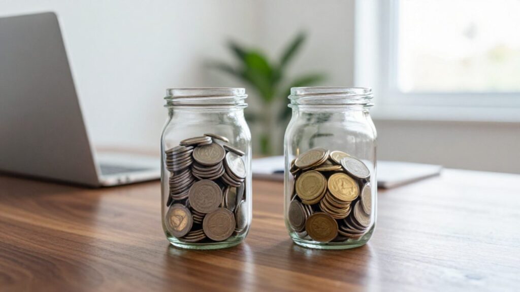 Dos frascos de cristal sobre un escritorio comparan el crecimiento constante de las monedas de plata frente a la variabilidad de las monedas de oro y plata.